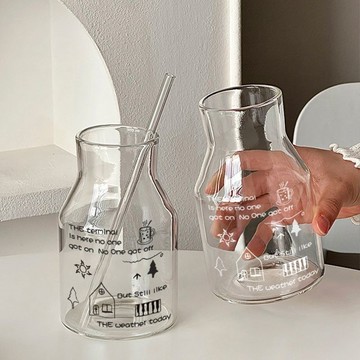 家用塗鴉水杯杯子耐熱夏季茶杯果汁大容量牛奶咖啡吸管ins玻璃杯 杯 冰杯 出貨 耐熱玻璃杯 吸管水杯 玻璃杯 500ml