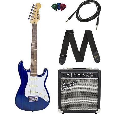 Squier by Fender Short Scale Stratocaster Pack with Frontman 10G Amp, Cable, Strap, and Picks Blue