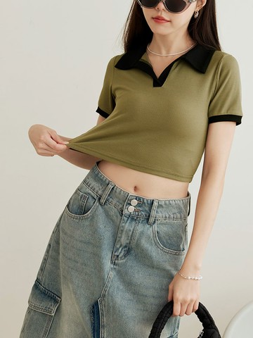 彈力坑條撞色翻領短袖短版上衣