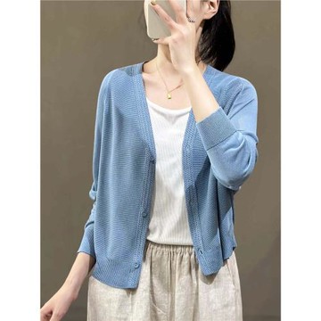 花概念夏季薄款麻料v領針織開衫女氣質減齡休閑防曬服時尚防曬衫