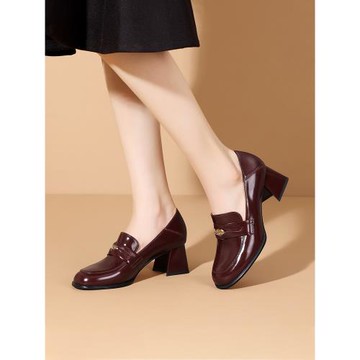 舒適中跟樂福鞋女2025春季新款圓頭小皮鞋百搭黑色真皮粗跟單鞋女