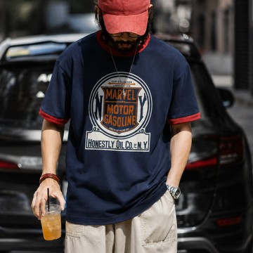 Wuluwear 夏季新款阿美咔嘰T恤男士棉質歐美機車印花螺紋拼色短袖