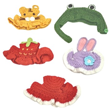 寵物編織帽 適用於小型貓狗 M  紫星露露兔帽 + 黃老虎帽 + 深綠蛙頭套 + 紅草莓帽 + 紅白邊帽  1組