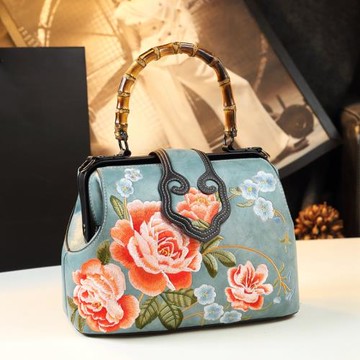 精致刺繡真皮中國風竹節手拎單肩包送禮氣質中年媽媽旗袍包包中式