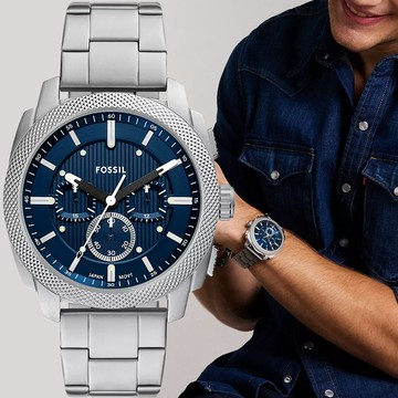 FOSSIL Machine 簡約工業風三眼計時手錶-銀x藍/44mm FS6096