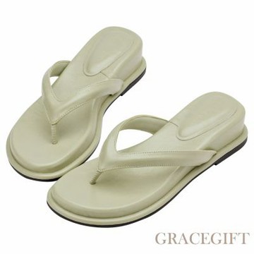 【Grace Gift】韓系慵懶風楔型厚底人字拖 灰綠