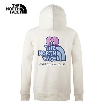 【特降】The North Face北面男女款米白色舒適情人節趣味心型印花休閒長袖帽T｜88FWQLI