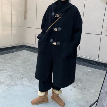 羊毛牛角扣大衣女雙面呢外套寬松連帽學院風2025新款冬季羊絨呢子