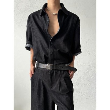 14GSL復古水洗簡約牛仔襯衫夏季通勤短袖設計感廓形中性風襯衣