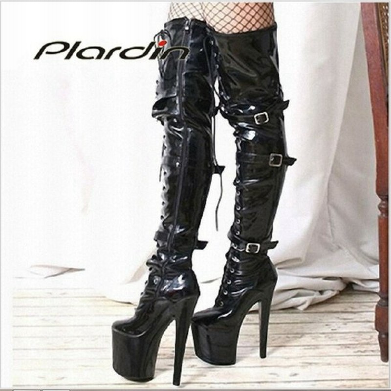 編み上げエナメルレザーサイハイブーツ 革 黒 レディース プラットフォーム ハイヒール 大きいサイズも 通販 Lineポイント最大get Lineショッピング