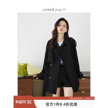 嘉茱莉2025春季新款風衣外套女中長款風衣小個子外套休閑上衣黑色