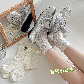 莫代爾襪子 愛心刺繡 花邊 夏季 薄款 涼感 無骨 短筒襪 網眼 甜美 薄款 優雅風 吸汗 防臭 中筒襪