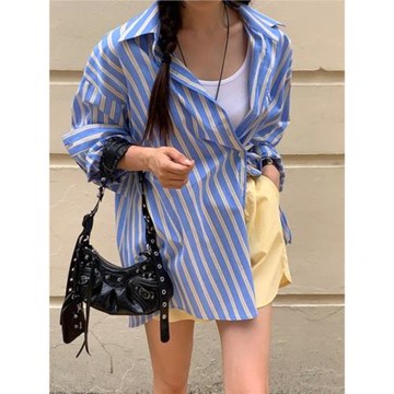 復古翻領條紋襯衫女chic秋季2023新款后背開叉設計感寬松長袖上衣