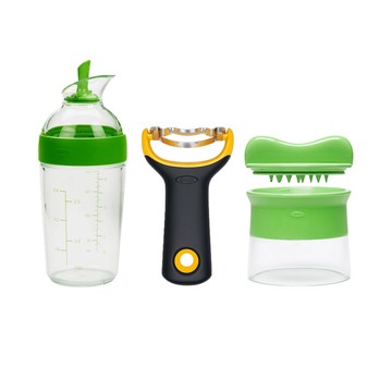 OXO 減醣料理3件組-蔬果削鉛筆機+醬汁搖搖量杯+Y型玉米刨粒刀