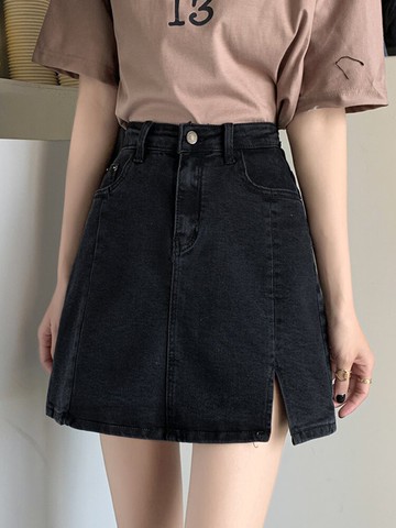 時尚防走光開叉黑色牛仔半身裙女夏季年新款韓版顯瘦a字裙潮