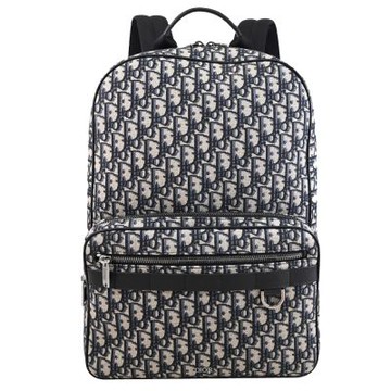 Christian Dior 金屬浮雕LOGO緹花布大容量拉鍊後背包(深藍)