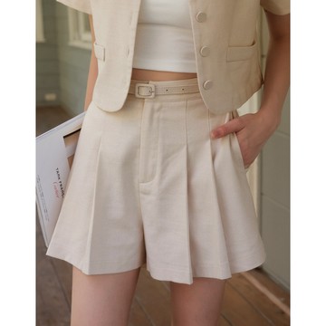 AIR SPACE LADY 氣質壓褶棉麻短褲(附腰帶)(杏/咖啡) 女裝 現貨