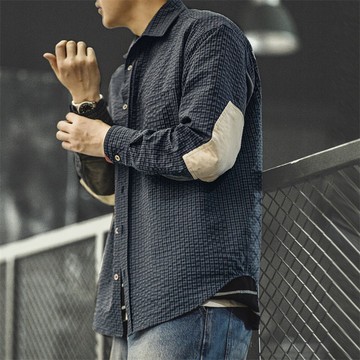 馬登工裝美式復古泡泡紗格子長袖襯衫肌理感翻領拼接襯衫外套男秋