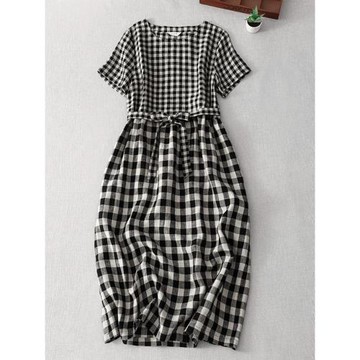 色織亞麻格子拼接短袖連衣裙女夏季寬松休閑顯瘦腰帶棉麻中長裙子