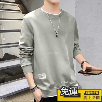 🔥熱銷🔥大學T男 長袖上衣男生 M-3XL 男士假兩件長袖t恤潮流寬松潮牌ins小衫新款體恤春秋季上衣服春秋薄款