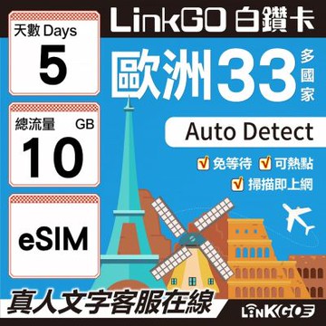 LINKGO白鑽卡 歐洲33國  eSIM卡 5天上網卡 總流量10GB(歐洲網卡 西班牙 德國 奧地利 英國)
