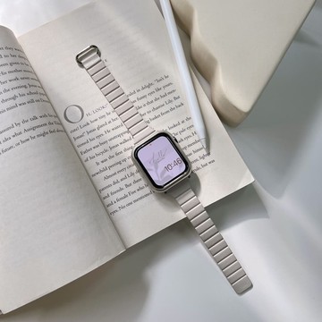 細款強力磁吸金屬環 Apple Watch 荔枝皮革錶帶