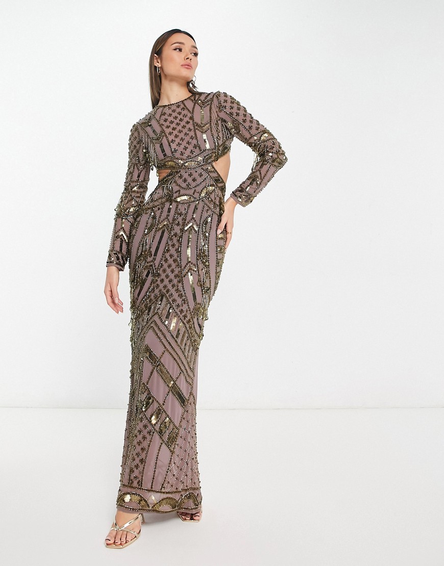 ASOS DESIGN multi embellished maxi dress with cut out waist in  mauve-Purple推薦, ASOS