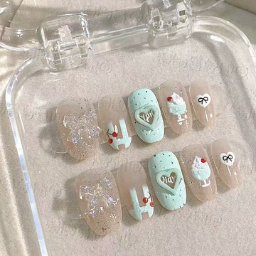 半手工穿戴甲🎀愛心蝴蝶結短款指甲手繪穿戴可愛甲片ins成品可拆卸甲片