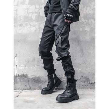 暗黑系工裝褲男春夏痞帥潮流機能傘兵褲多口袋寬松褲腳搭扣束腳褲