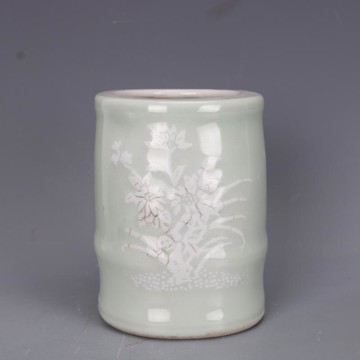 清乾隆豆青釉留白花紋圓筆筒手工老貨文房瓷器中式擺件古玩收藏1入