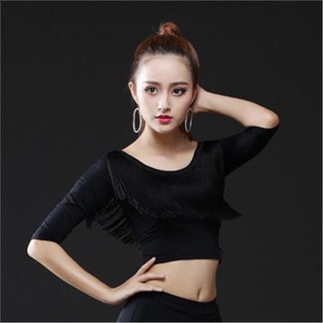 春夏新款成人女拉丁舞長中短袖廣場舞蹈服流蘇上衣摩登兒童練功服