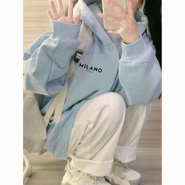 SY韓版複閤美式複古藍色連帽長袖加絨加厚衛衣女秋冬寬鬆慵懶風開衫拉鏈上衣時尚休閒外套