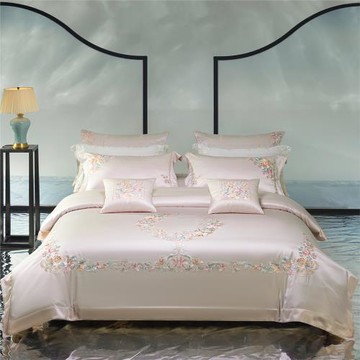 新中式高端結婚四件套140支真絲棉全棉粉色蘇繡陪嫁婚慶床上用品