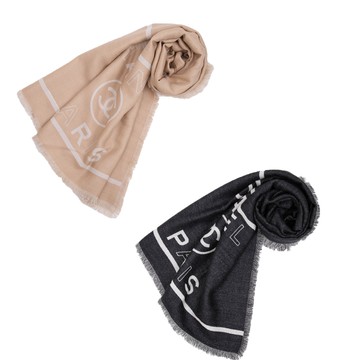 CHANEL 喀什米爾雙色Logo抽鬚圍巾(多色選)