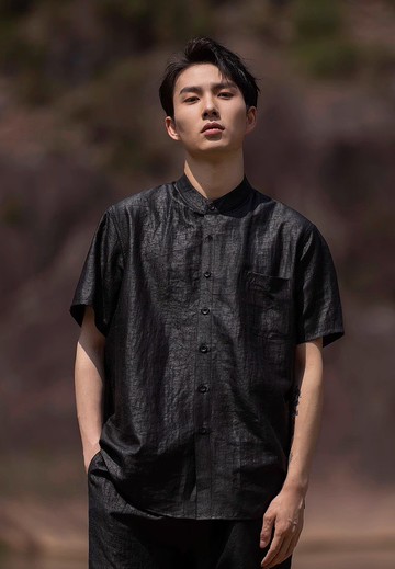 新中式極簡 黑龜立領香云紗襯衫