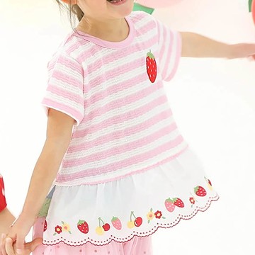 日本 ZOOLAND - 甜蜜草莓緹花條紋可愛刺繡上衣-粉紅