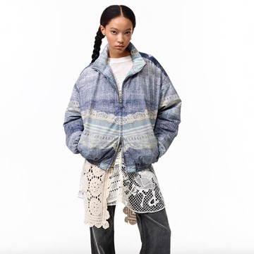 日系復古 仿真印刷 蕾絲牛仔絎縫棉夾克