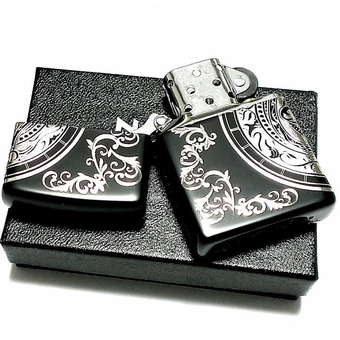 ZIPPO ライター キングクレスト ジッポ マットブラック＆シルバー 黒銀 3面エッチング彫刻 かっこいい おしゃれ メンズ ギフト プレゼント