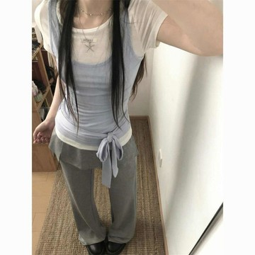 本土出貨 假兩件短袖 假兩件T恤 短袖T恤 韓系少女感假兩件短袖綁帶t恤女夏季正肩顯瘦收腰設計感小衆上衣Uj R