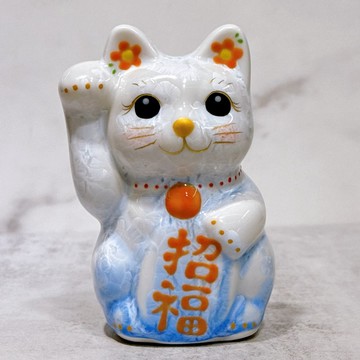 【靈巧福貓】日本清水燒招財貓 | 花結晶 青白 特小