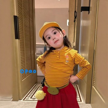 2026新款女童條紋長袖T恤韓系連帽上衣春秋款黃色卡通可愛兒童洋裝