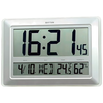 RHYTHM 日本麗聲時計 大尺寸面板溫濕度顯示座掛兩用電子鐘  極光銀