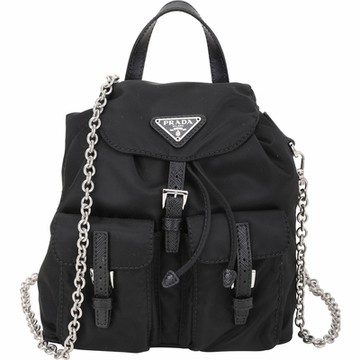 PRADA 普拉達 三角牌防刮皮釦尼龍迷你鍊帶斜背包(黑色)