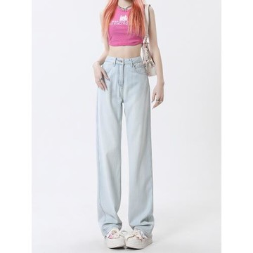 (免運)淺色闊腿牛仔褲女2026春季新款高腰寬松高個子加長休閑直筒拖地褲