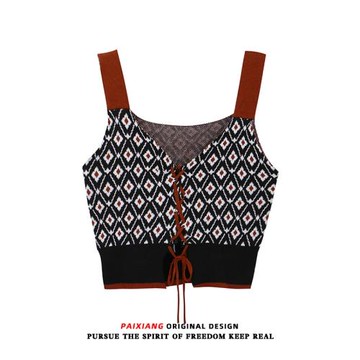 春新款綁帶吊帶背心女外穿內搭撞色格子無袖針織衫夏復古港味上衣