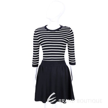 RED VALENTINO 深藍X白色條紋拼接七分袖洋裝 1520860-34