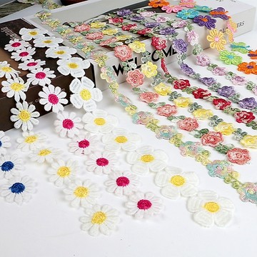 繡花緞帶 花朵刺繡緞帶 玫瑰 雛菊 刺繡蕾絲 裝飾織帶 髮飾DIY 拼布材料 服裝輔料 手作材料 鏤空蕾絲 刺繡花片