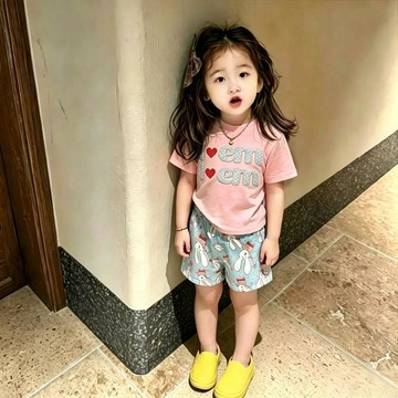 Mini baby🌷女童夏季套裝女寶寶字母短袖韓版藍兔子短褲子休閒兩件套