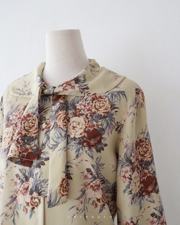 日本製復古花朵印花薄長袖黃綠色古著襯衫