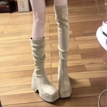 顯瘦顯腿直!厚底粗跟彈力絨面高筒瘦瘦靴女跟過膝長靴騎士靴